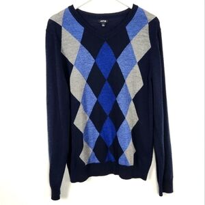 APT. 9 Men's Blue V-Neck Pullover Argyle Sweater Merino Wool Blend Long Sleeve L